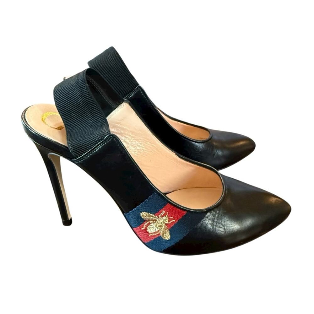 Gucci Black Leather Sylvie Bee Slingback Pumps EU 36.5 US 6.5
